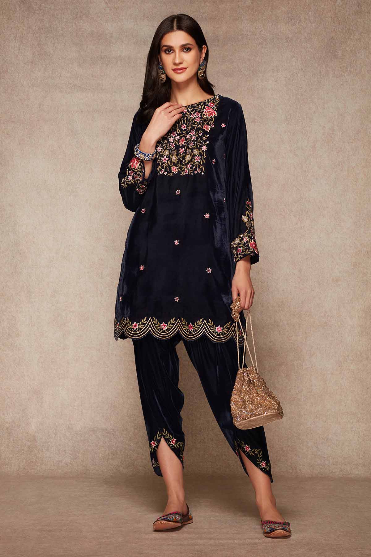 Buy Navy Velvet Short Kurta & Dhoti Online